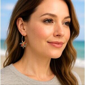 J. Jill Beaded Cluster Hoop Earrings Gold Tone Multicolor Glass Swirled Beads